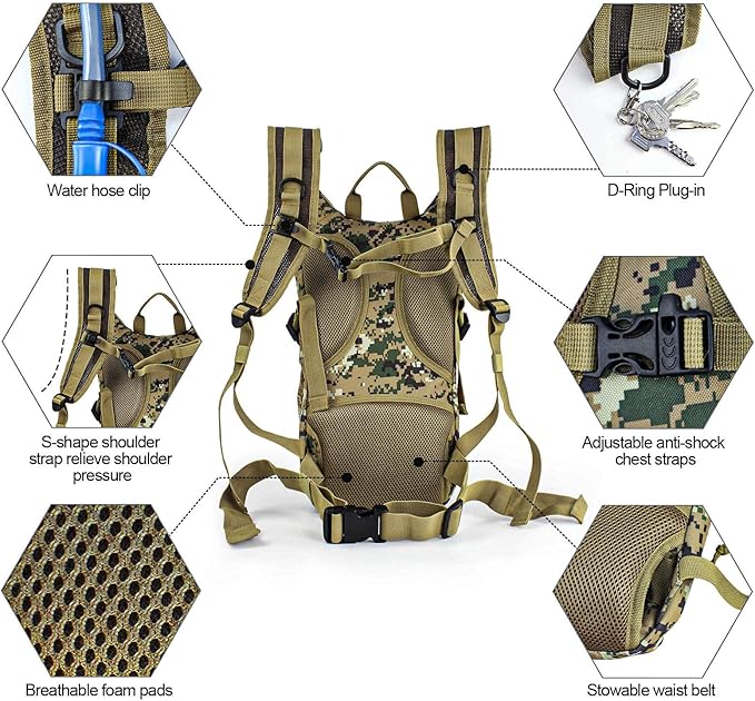 Tactical Hydration Backpack 2L Water Bladder - Lightweight Durable Pack for Hiking, Running, Outdoor Adventures, Adjustable Straps & Leak-Proof Design