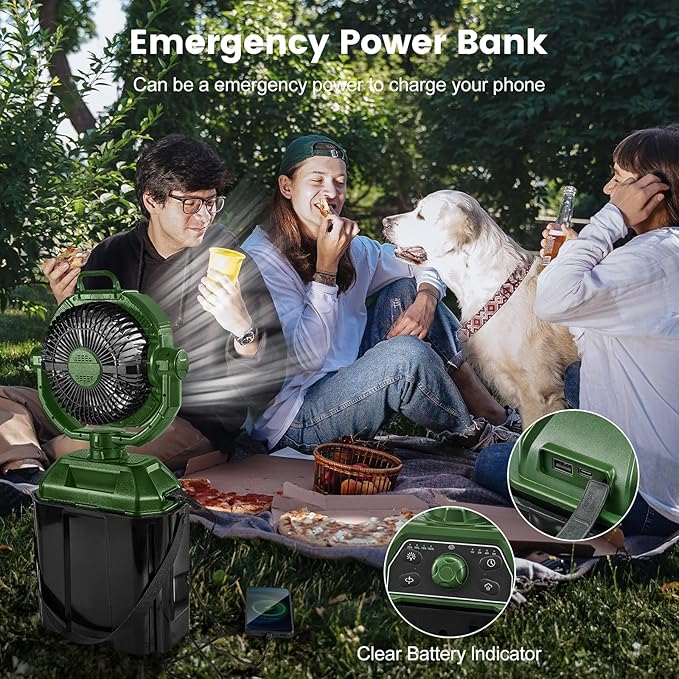 Odoland Portable Camping Fan with LED Light, 30000mAh Rechargeable Battery Operated Oscillating Fan with Remote & Hook, 6L Bucket Misting Fan for Outdoors Patios,Travel,Jobsite, Green