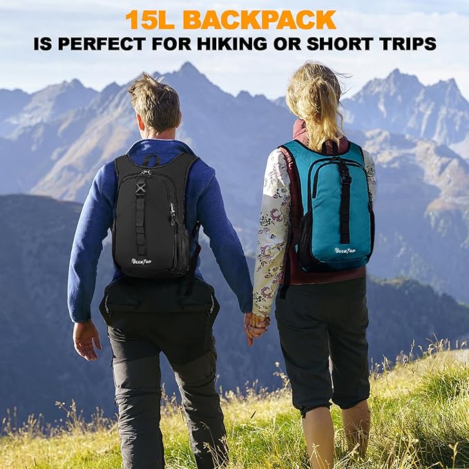 Seektop 15L Small Hiking Backpack for Women Men, Lightweight Hiking Packable Daypack with Phone Pocket for Travel Camping (Black, 15L)