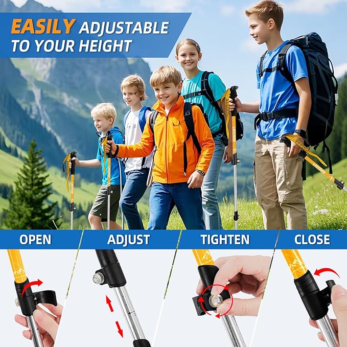 Lightweight Collapsible Kids Hiking Poles - Retractable Kids Hiking Stick, Telescoping Aluminum Trekking Poles 2 Pack, Adjustable Kids Ski Poles by Croosse