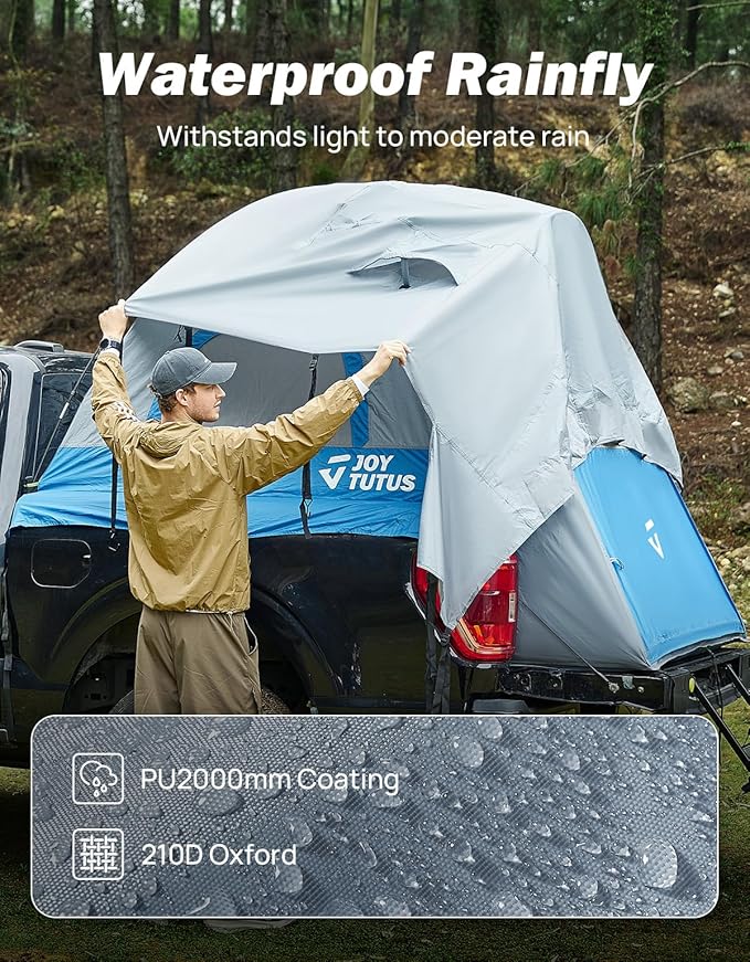 JOYTUTUS Truck Tent, Portable Truck Bed Tent for 5.5'-5.8' with Rainfly, Truck Tent with Fiberglass Pole, Waterproof PU2000mm Double Layer for 2 Person - Blue
