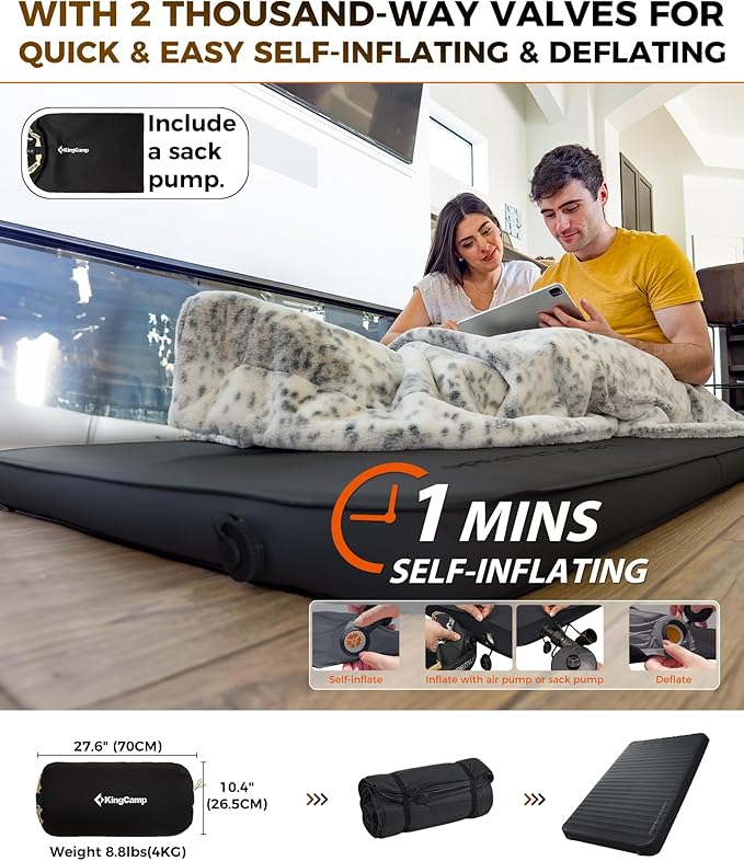 KingCamp Self Inflating Sleeping Pad, R 7.9 Air & Foam Camping Mattress 2 Person, 3" Thick Full Size Double Sleeping Pad with Pump Sack for Camp Tent Outdoor Car, PVC Free (Black)