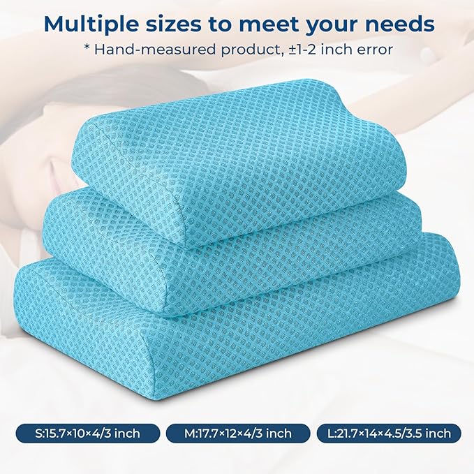 Travel Pillow Memory Foam Pillows, Ergonomic Wave Cervical Neck Pillow for Neck Pain Relief, Compressible Medium Firm Side Sleeper Pillow, Ideal for Camping, Office, Home & Bed (Light Blue, L)