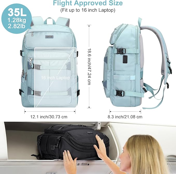 PIJUSHI Travel Backpack for Women Flight Aprroved Carry on Bag Large Casual Luggage Backpack Fit 16 inch Laptop(PE050 Teal Blue)