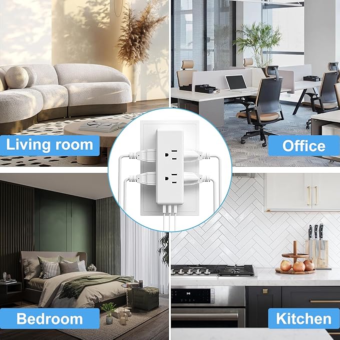 Multi Plug Outlet Extender with 6 Outlets & 3 USB Ports - MKSENSE Surge Protector Outlet Plug Adapter, Multi Plug Wall Outlet, 3-Sided Spaced Design for Home Office Travel (White)
