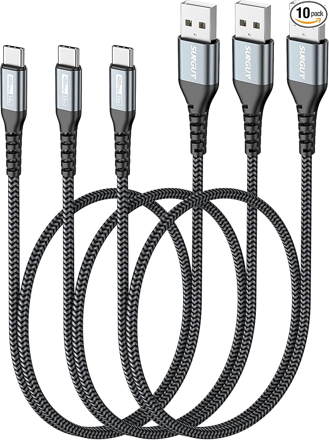 SUNGUY 10-Pack USB to USB C Cable 1.5FT, USB A to USB C Cable 3A Type C Charger Fast Charging Nylon Braided for iPhone 16 15 Pro/Pro Max/Plus, Samsung Galaxy S23/S22/S21, USB C Devices