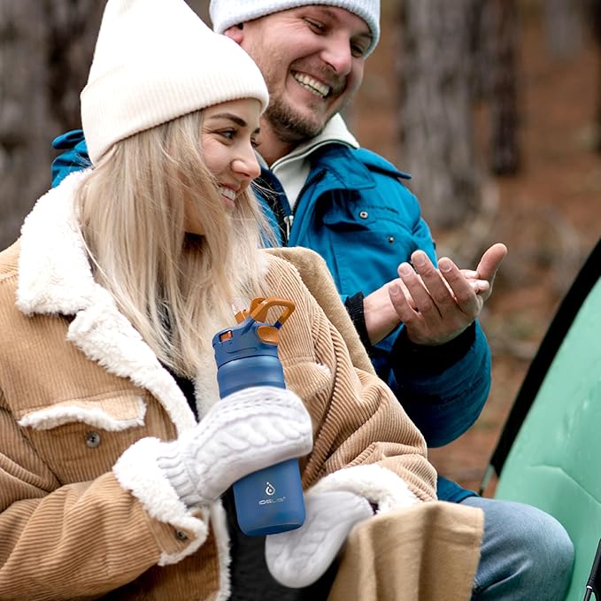 IDEUS Insulated Stainless Steel Water Bottle with 2 Leak-Proof Lids, Thermal Water Flask for Hiking Biking, 24oz, Bright Blue