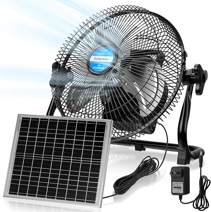 10 Inch Solar Panel Powered Fan, 2 in 1 Solar Panel or AC Charger Powered Fan 12W 9V Portable for Chicken Coop Greenhouse Household Exhaust Camping Travel Outdoor(Black)