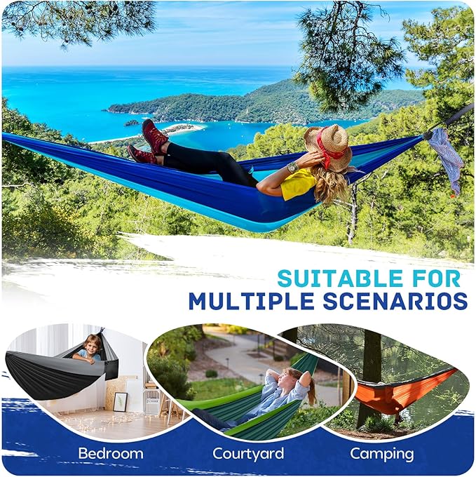 Camping Hammock Lightweight, Portable Hammocks Parachute Hammock with Two Tree Straps, Single or Double Travel Swing Nylon Camp Hammocks, Outdoor Essentials for Beach Backpacking Hiking, Blue