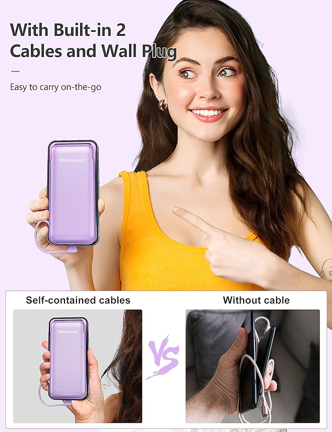 2-Pack 10000mAh Phone Portable Charger Power Bank, Built in Cable and AC Wall Plug, Fast Slim USB C Charging Battery Pack Travel Essentials Compatible with iPhone, Android, White & Purple