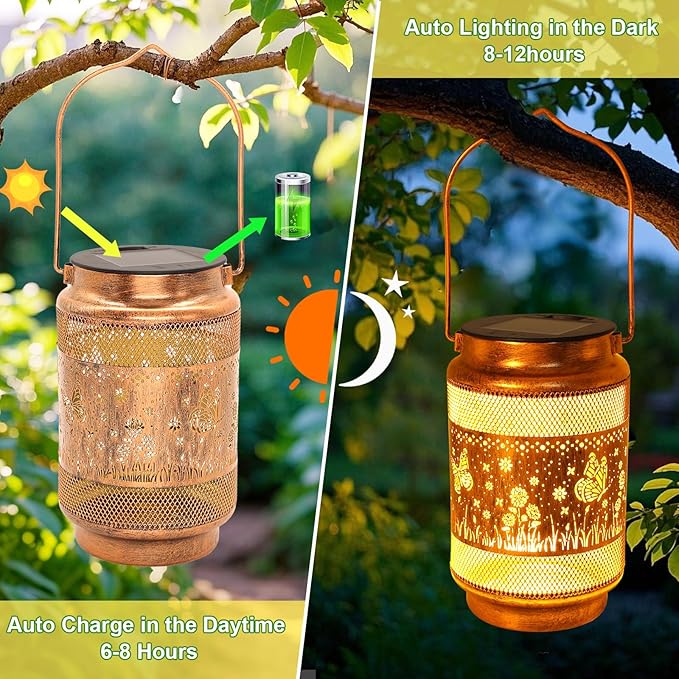 2 Pack Butterfly Solar Lanterns Outdoor Waterproof Solar Garden Decor, Birthday Gifts for Women Mom Grandma, Metal Hanging Lights with Shepherd Hook for Outside Yard Patio Pathway Backyard Porch