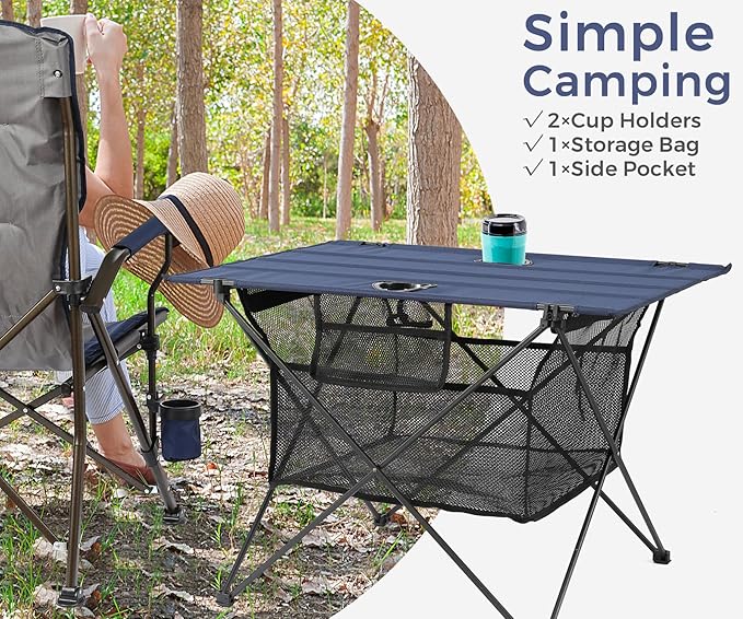Lightweight Portable Camping Table with 2 Cup Holders - Collapsible Compact Canvas Beach Table/Side Table for Lawn Fishing & Outdoor, Large Capacity Storage, 29.2" W x 21.7" D (Blue)