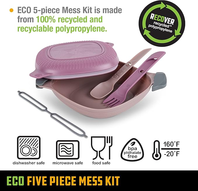 UCO Recycled ECO 5-Piece Camping Mess Kit with Bowl, Plate, Switch Spork Utensil Set