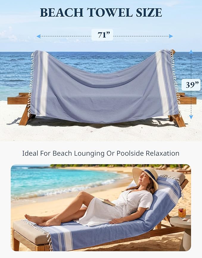 LANE LINEN Turkish Beach Towels, Extra Large Beach Towel, Pre-Washed for Soft Feel, Oversized Sand Free Quick-Dry Pool Towel, Beach Towels for Adults,39" x71" - Forever Blue