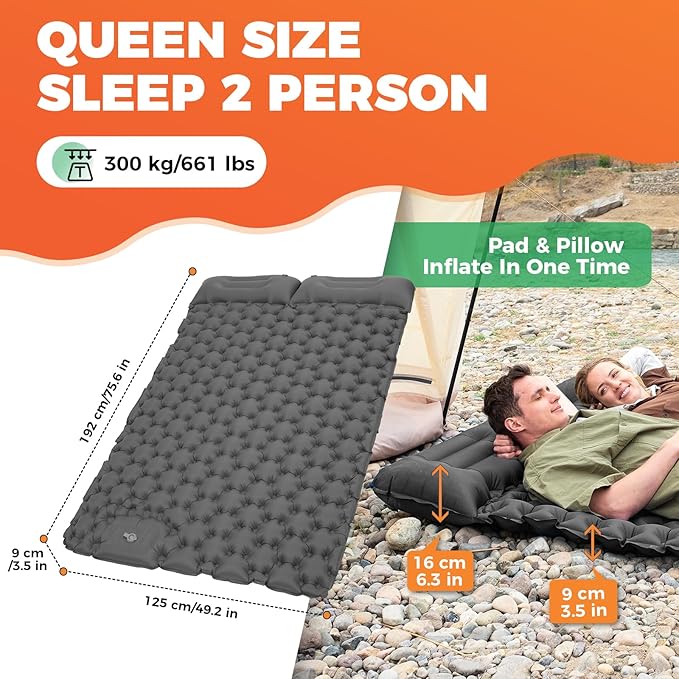 KingCamp Sleeping Pad for Camping, Ultralight Connectable Inflatable Sleeping Pad Camping Mattress with 6.3" Built-in Pillow & Foot Pump for Backpacking Hiking Tent Cot