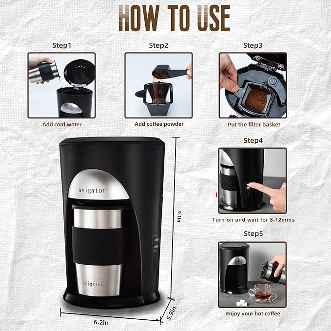 Portable Coffee Maker for Travel Camping Car, Ground Coffee Machine Single Serve with 10 oz Travel Mug for Traveling, RV, Office, Home and Dorm, 24V, Black