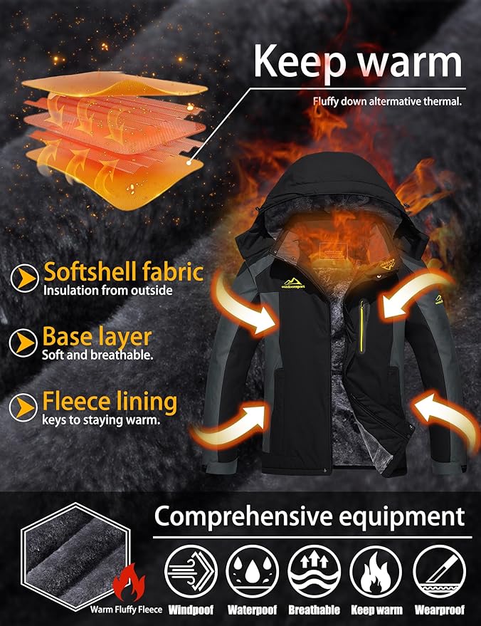 TACVASEN Men's Winter Ski Jacket Waterproof Snow Coats Snowboard Fleece Lining Jacket Warm Parka with Hooded