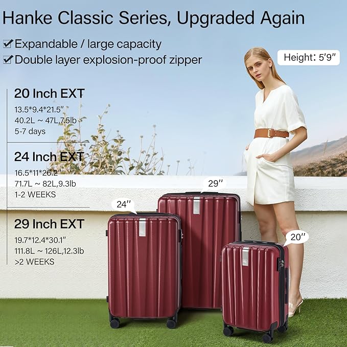 Hanke Expandable Hard Shell Luggage Sets 2 piece Carry on Luggage with Wheels Suitcases Lightweight Checked TSA Luggage Rolling Large Suitcase Travel Luggage Bag Woman Men 20/29 Inch(Burgundy)
