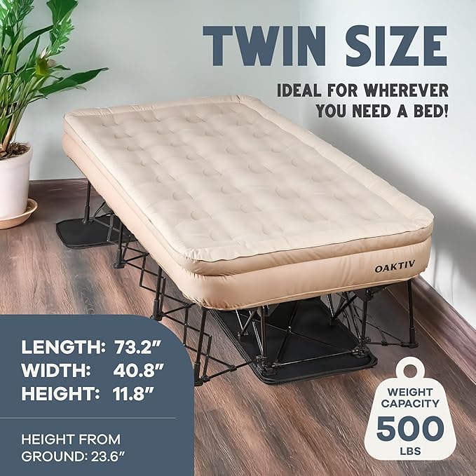 Twin Air Mattress with Frame, Self Inflating/Deflating Bed for Adults - PeakRest Blow Up Bed, Camping Cot with Mattress for Adults - Portable Twin with Travel Rolling Case on Wheels