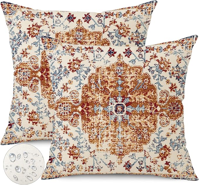 Outdoor Waterproof Pillow Covers - 20x20 Inch Set of 2 Bohemian Vintage Carpet Pattern Pillow Covers in Brown and Blue Ethnic Design for Decorative Farmhouse, Couch, Garden, Balcony
