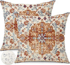 Outdoor Waterproof Pillow Covers - 20x20 Inch Set of 2 Bohemian Vintage Carpet Pattern Pillow Covers in Brown and Blue Ethnic Design for Decorative Farmhouse, Couch, Garden, Balcony