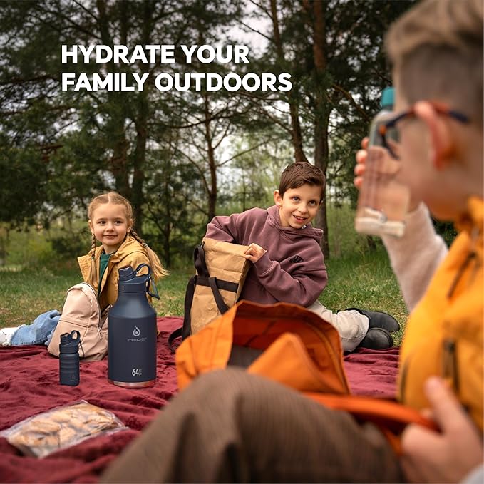 IDEUS Insulated Stainless Steel Water Bottle with 2 Leak-Proof Lids, Thermal Water Flask for Hiking Biking, 64oz, Navy Blue