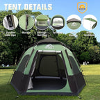 Hewolf 2/3/4 Person Camping Tent - Instant Pop Up Waterproof 2 Doors Tent with Easy Setup | 3-Season Hexagonal Dome Design for Family, Hiking & Traveling
