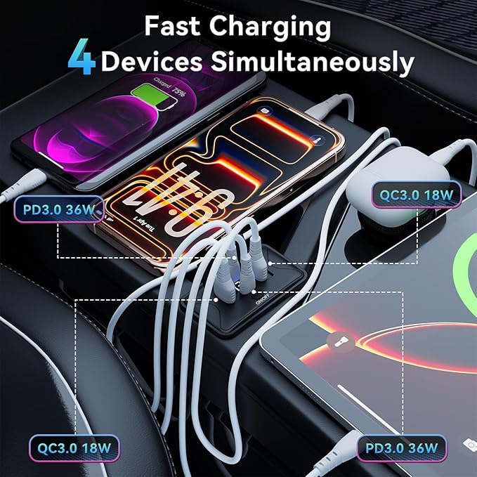 108W 4 Ports 12V RV USB Switch Outlet Voltmeter, 2*36W PD3.0 Type-C + 2*18W QC3.0 Quick Charge Panel Wall Mount Car Charger Socket Waterproof Multi-Port Adapter for Marine Truck Boat ATV Bus