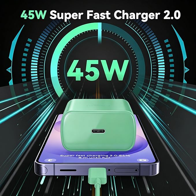 45W Super Fast Charger USB C Android Phone Type C Charger Fast Charging Block with 6.6FT Cord for Samsung Galaxy S26/S26 Ultra/S26+/S25 Ultra/S25/S24 Ultra/S24/S23 Ultra/S22/S21/S20/Note 10, Green