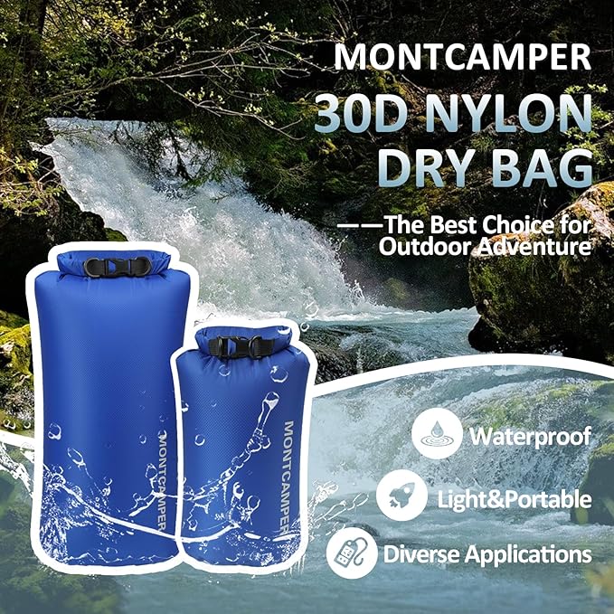 2-pack 30D Nylon Waterproof Dry Bag-Portable Storage Sack for Kayaking, Hiking and Rafting-Roll Top Closure-Float on Water(5L/20L,Blue)