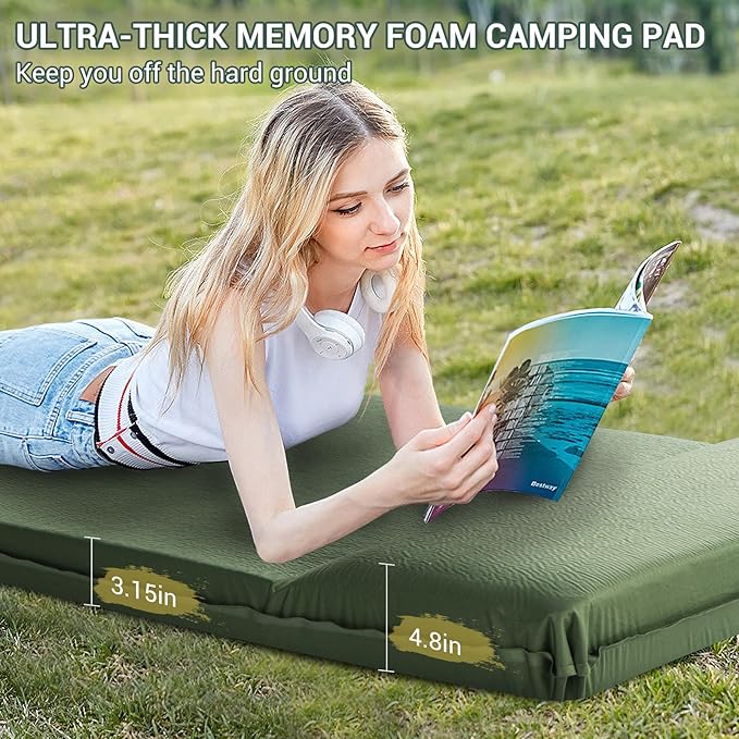 Elegear Self Inflating Sleeping Pad, 3.15" Ultra-Thick Memory Foam Camping Pad with Pillow Fast Inflating in 20s Insulated Camping Mattress Pad 4-Season Camp Sleeping Mat for Camp/Travel/Car/Tent