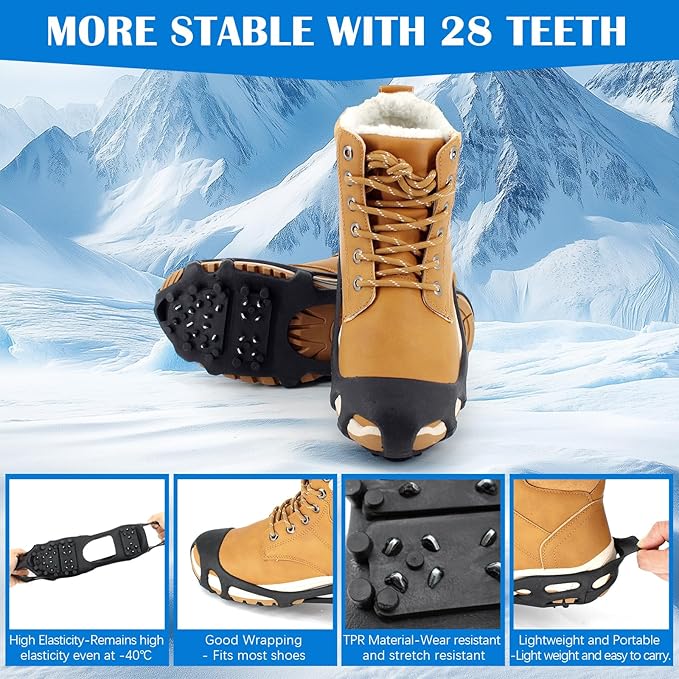 Ice Snow Traction Cleats Crampons, 28 Teeth Snow Spikes for Shoes and Boots, Rubber Anti Slip Ice Snow Grippers, Ice Cleats for Walking On Snow and Ice, Hiking, Climbing
