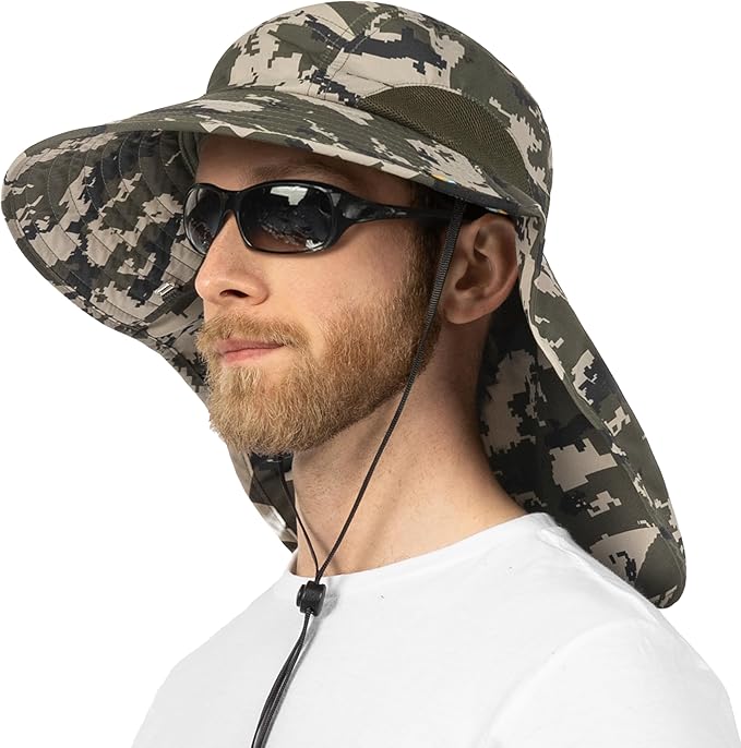 SUN CUBE Wide Brim Sun Hat with Neck Flap, UPF50+ Hiking Safari Fishing Hat for Men Women, Sun Protection Beach Hat
