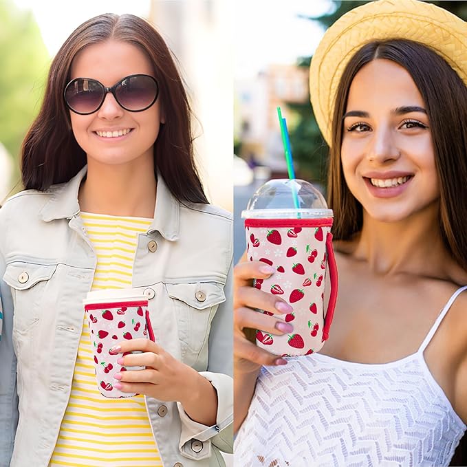 KJQJLY 3 Pack Reusable Iced Coffee Sleeves for Iced Coffee Cups or Drinks Reusable Neoprene Insulated Sleeves for Hot and Cold Drinks from Starbucks, Dunkin, And More (Strawberry)