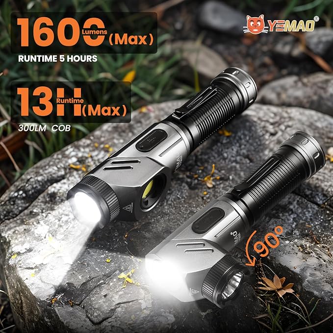 Yemao Rechargeable Tactical Flashlights 1600 High Lumens 2 Light Sources,6 Modes,90 Degree Rotating,Waterproof Working Light with Magnetic Base for Home Emergency,Outdoor,Camping,Shop