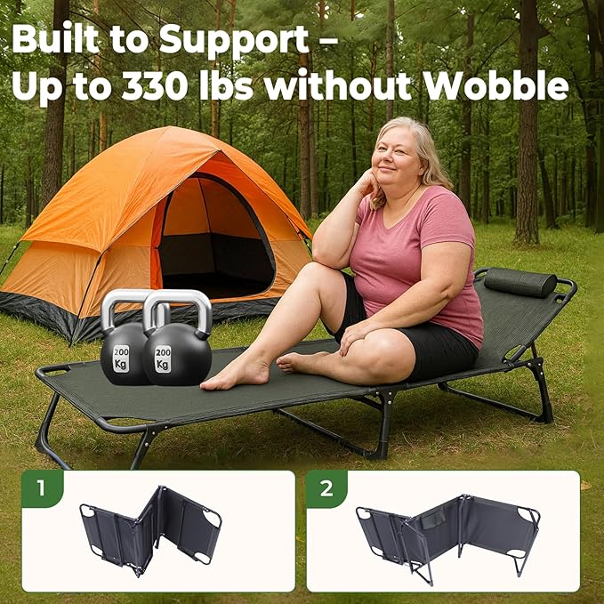 Oxford and Steel Frame 4-Angle Adjustable Foldable Bed Folding Camping Cot Bed with Extra Wide Padded Mattress Support for Adults Outdoor Travel Tent Use(Blue&Gray Mattress,L - 75 * 26'')