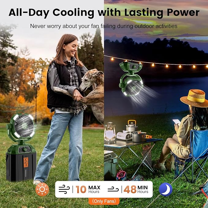 Odoland Portable Camping Fan with LED Light, 30000mAh Rechargeable Battery Operated Oscillating Fan with Remote & Hook, 6L Bucket Misting Fan for Outdoors Patios,Travel,Jobsite, Green