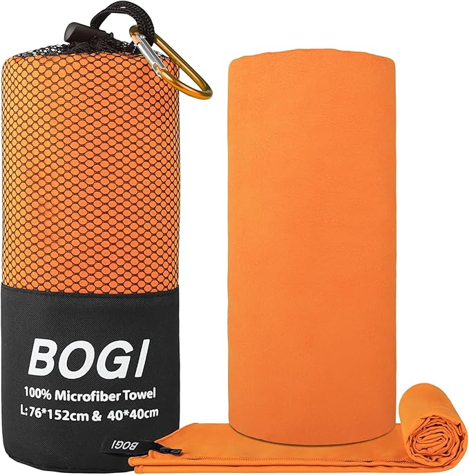 BOGI Microfiber Travel Sports Towel - Quick Dry, Soft Lightweight, Compact for Camping, Gym, Yoga, Swimming, Backpacking (L:60''x30''+16''x16'' - Orange)