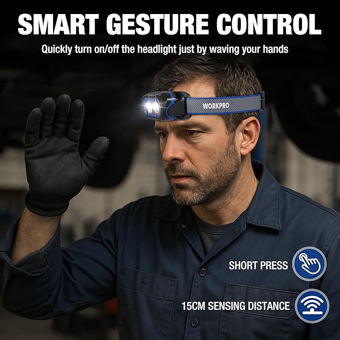 WORKPRO Rechargeable Headlamp, 1200LM Super Bright Head Lamp with White Red Light, Motion Sensor, Memory Function, Shockproof & IPX6 Waterproof Headlight for Camping, Hiking, Fishing, Repair