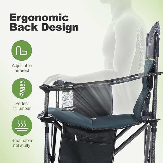 LET'S CAMP Oversized Folding Camping Chair Portable Outdoor Heavy Duty Padded Chairs Lawn Chair with Cup Holder, Storage Pocket and Cooler Bag, Supports 450LBS, for Camp, Travel, Picnic,2 Pack(Green)