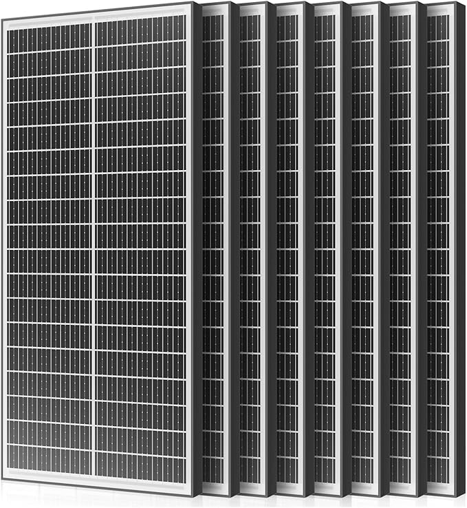 800 Watt Bifacial Solar Panel 8pcs 100 Watt, 18BB Monocrystalline Dual-Sided 12V/24V High Efficiency Module for RV, Boat, Cabin, Camping, Off-Grid Power Systems