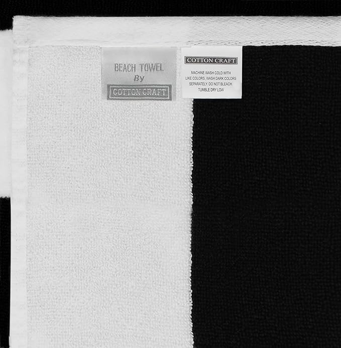 COTTON CRAFT Oversized Beach Towel - 2 Pack 35 x 70 inches XL Beach Towel - 100% Cotton Velour - Big & Huge - Thick Plush 450 GSM Super Soft Luxury Towel - Pool Picnic Bath - Cabana Stripe Black