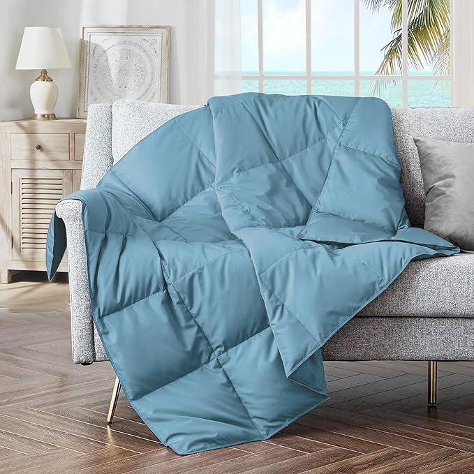puredown® Upgraded Feather Down Throw Blanket – 12oz Enhanced Filling for Better Warmth & Comfort, Lightweight & Packable, 50"X70", Blue