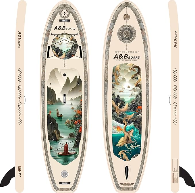 ABBOARD Inflatable Stand Up Paddle Boards - Extra Wide Fishing Paddleboard,Cool Design, Ultra Stable Standup SUP,15 D-Rings, 5 Handles,Camera Mount,100L Backpack, 10L Dry Bag,Youth/Adults