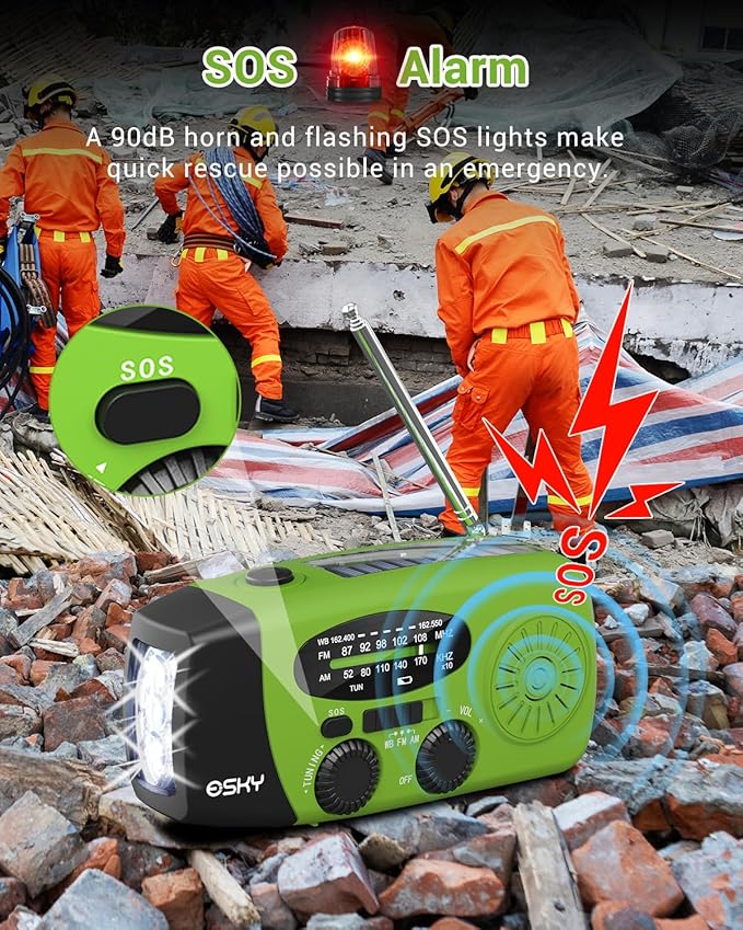 Esky Emergency Hand Crank Radio with 3 LED Flashlight, AM/FM/NOAA Portable Weather Radio with 2000mAh Power Bank Phone Charger, Solar Powered USB Rechargeable Radio for Indoor Outdoor Camping, Green