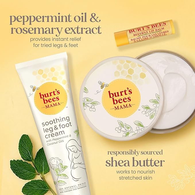 Burt's Bees Mama Gift Set, Includes Lip Balm, Leg and Foot Cream, and Belly Butter, Natural Origin Skin Care, 0.15 oz./3.38 oz./6.5 oz.