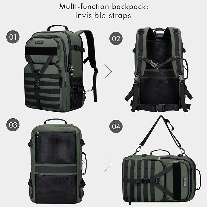 WITZMAN Carry On Travel Backpack for Men Large Convertible 45L Fit 17 Inch Laptop Backpack 3 in 1 Bag for Airline Approved(B688 Army Green)