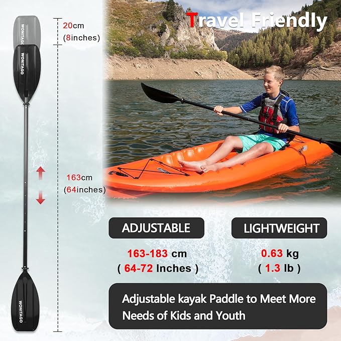 Kayak Paddles for Kid with Aluminum Shaft and PP Blade, Floating Kayaking Oars for Youth and Junior, Adjustable 163-183cm/64-72 Inches