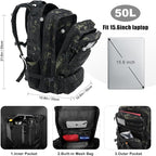 Military Tactical Backpack 50L Large Day Backpack for Men Molle Army 3 Days Assault Pack Bug Out Bag Water Resistant and Heavy Duty Hiking Treeking Rucksack - Black Camo