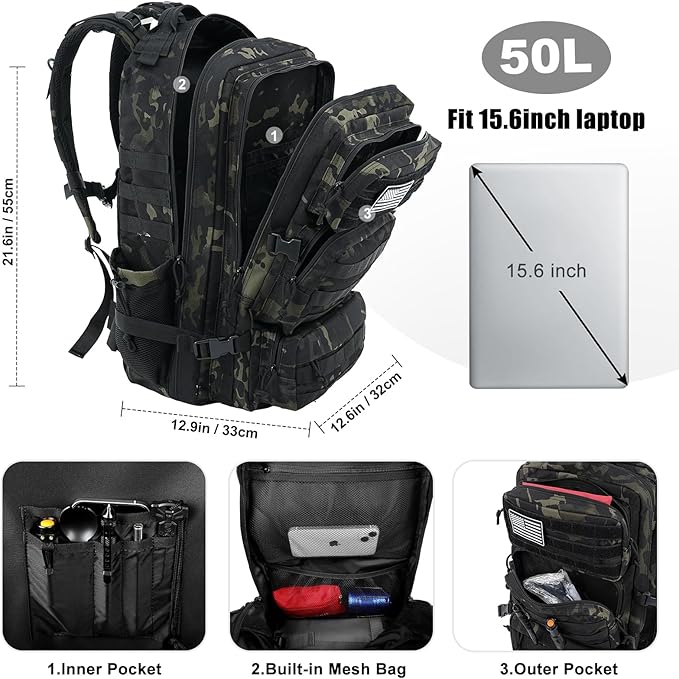Military Tactical Backpack 50L Large Day Backpack for Men Molle Army 3 Days Assault Pack Bug Out Bag Water Resistant and Heavy Duty Hiking Treeking Rucksack - Black Camo